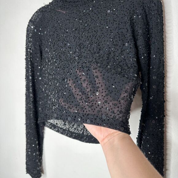 Dyspnea Sheer Black Sequin Mesh Mock Neck Long Sleeve Crop Top Hand Beaded Small - Picture 5 of 11